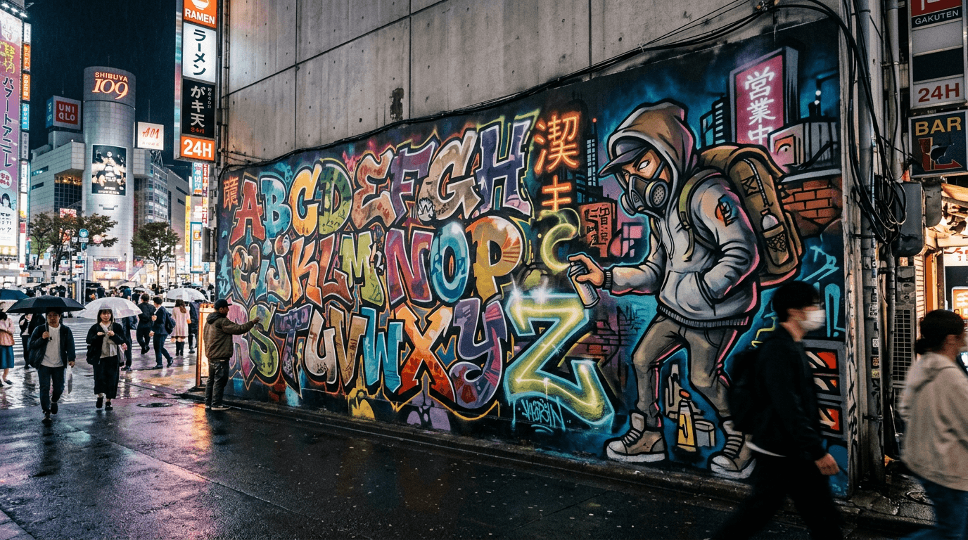 Night scene near Shibuya Crossing with a large A-Z graffiti mural and neon reflections on wet pavement