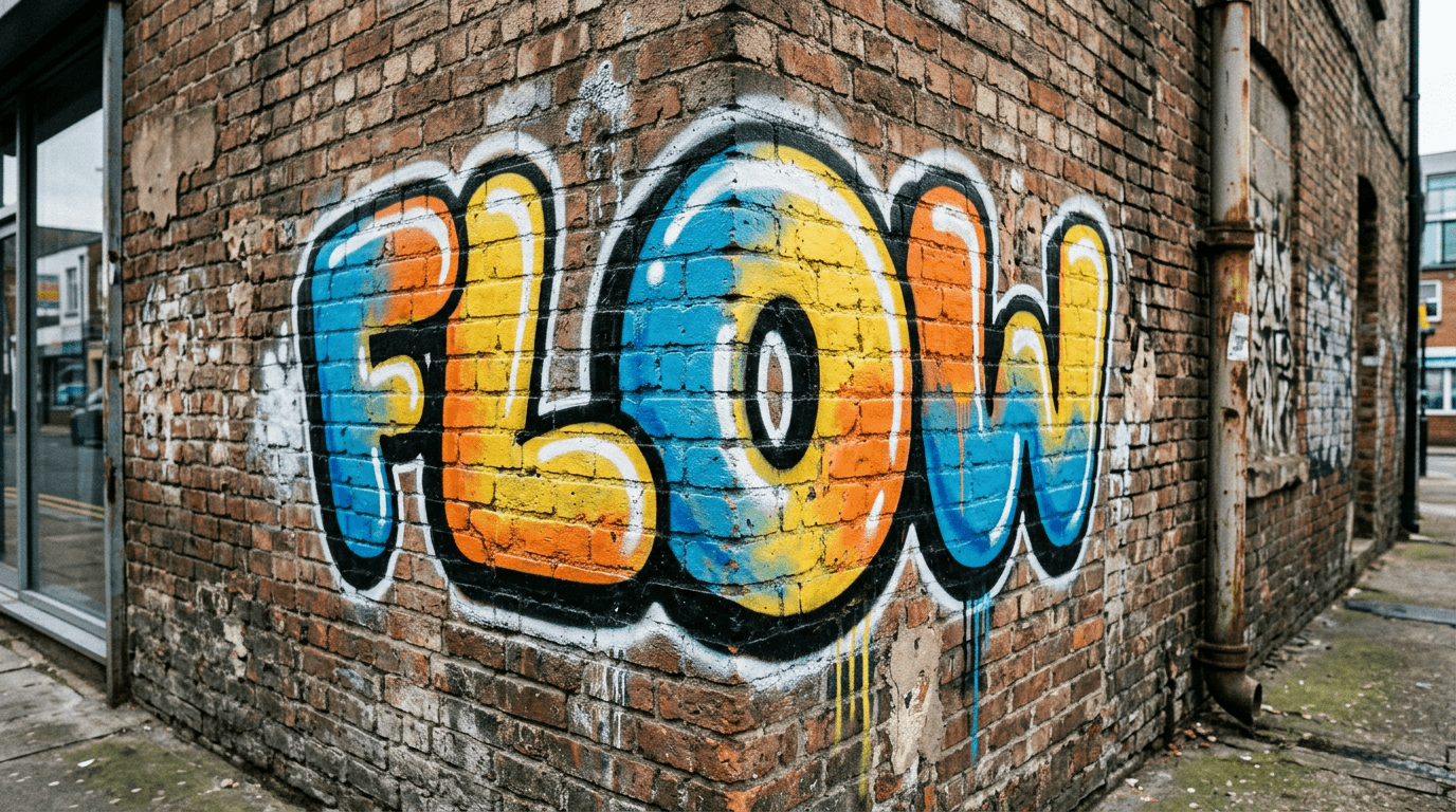 Readable FLOW bubble letters on a brick corner wall with balanced spacing and realistic spray texture