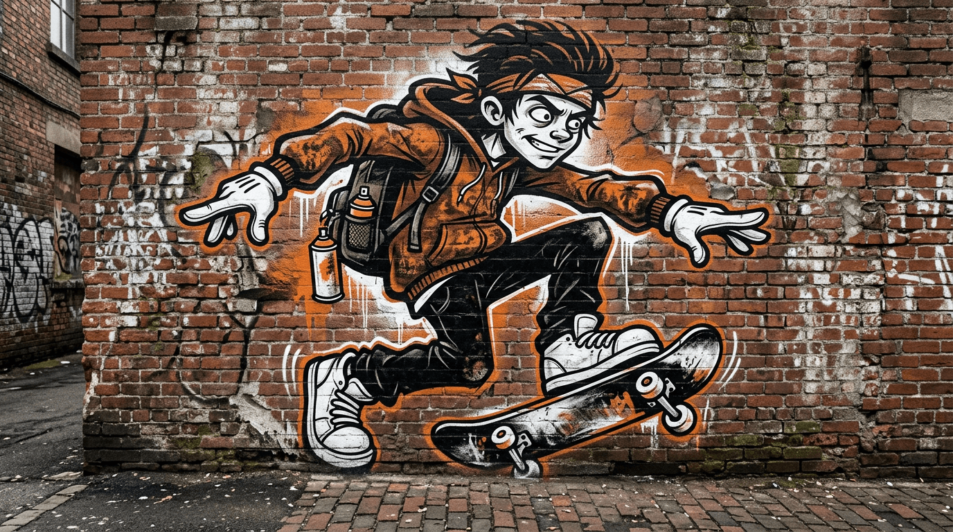 Orange-and-white skater graffiti character on a brick wall with backpack spray cans, exaggerated gloves, and strong motion