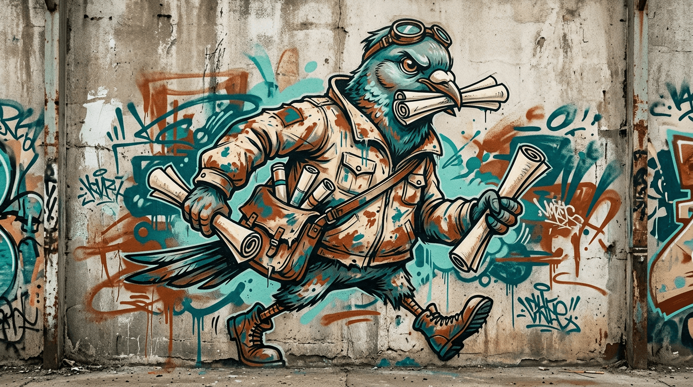Courier pigeon graffiti character mural on a weathered warehouse wall with sketch rolls, teal accents, and realistic spray texture