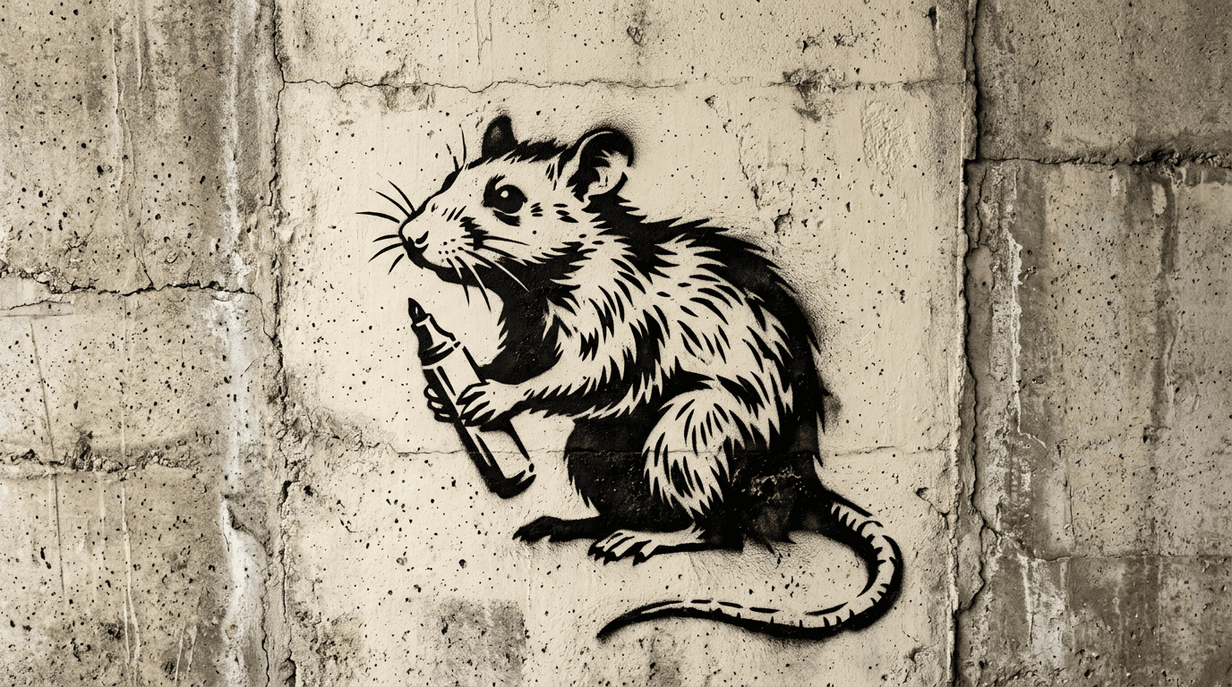 Black-and-cream stencil rat holding a marker on cracked concrete with clean negative space and realistic overspray
