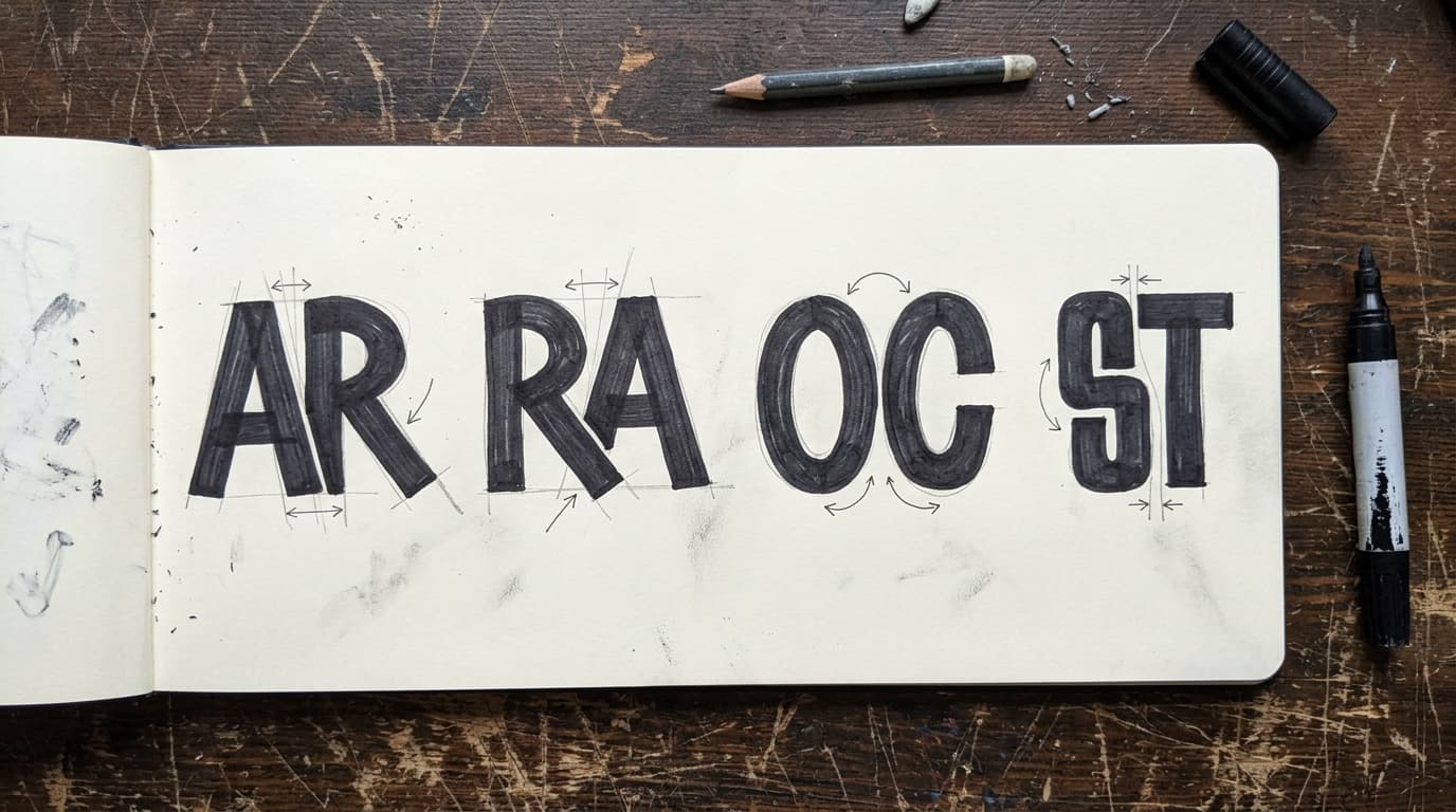 Blackbook page showing AR, RA, OC, and ST graffiti letter pair drills with spacing arrows and simple bar studies