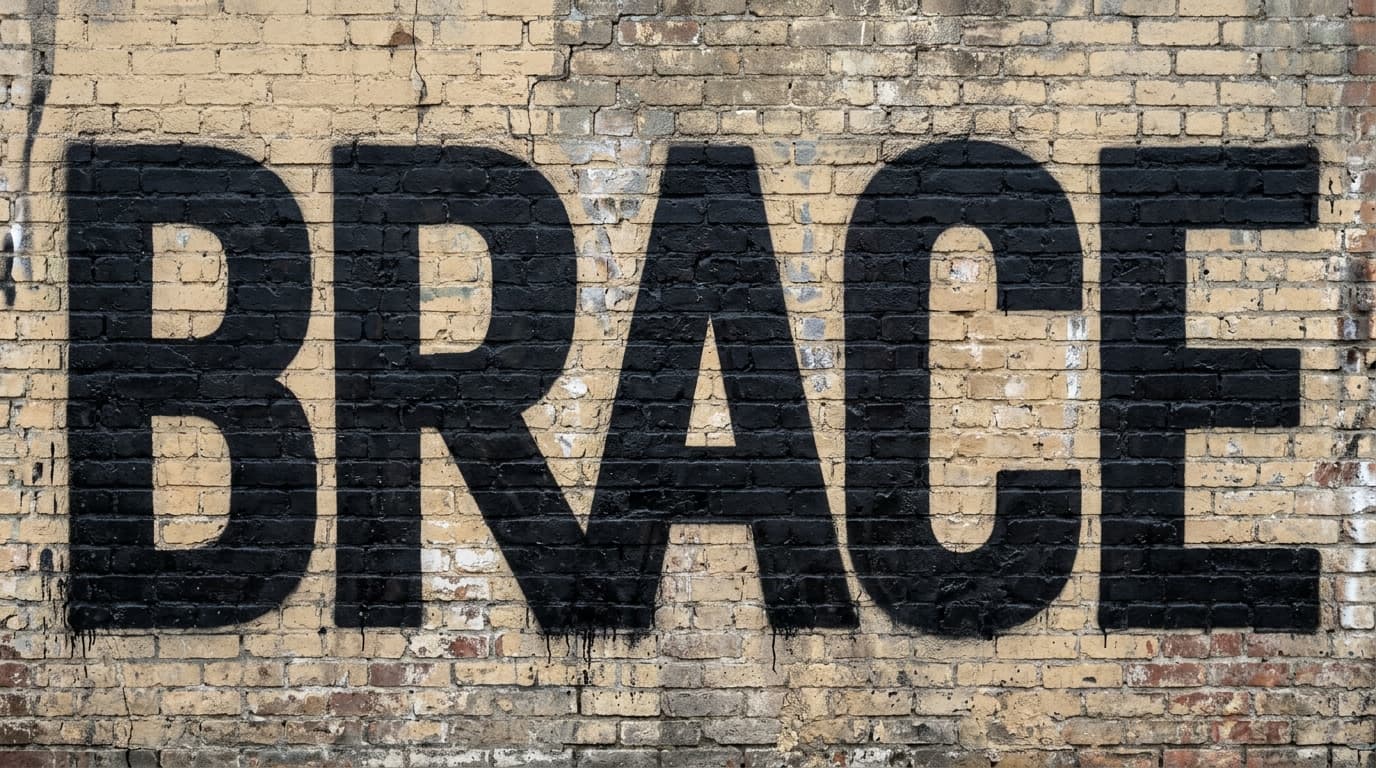 Clean straight-letter graffiti word BRACE on a brick wall with open joins, steady spacing, and a calm C-E finish