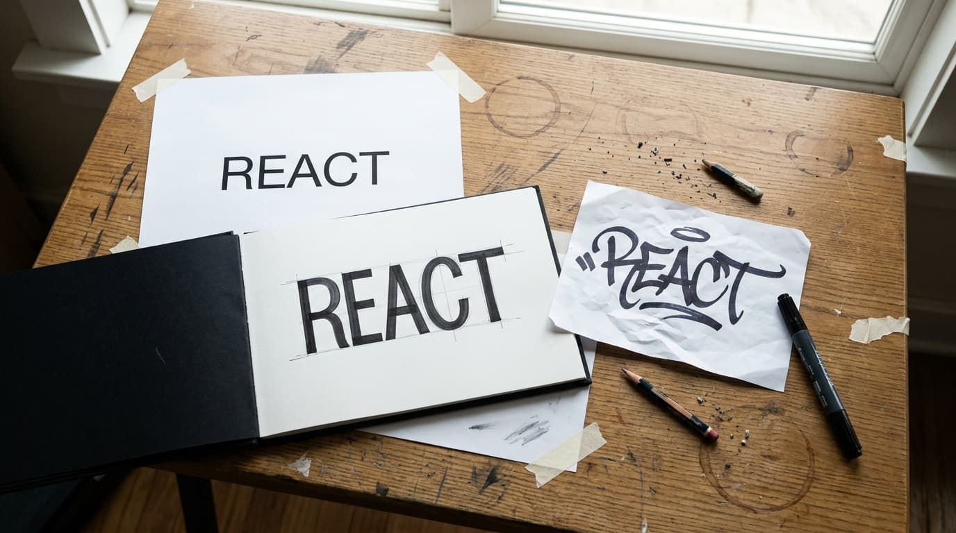 A printed REACT font sheet beside a hand-drawn straight-letter redraw and a handwritten handstyle version on a worn studio desk