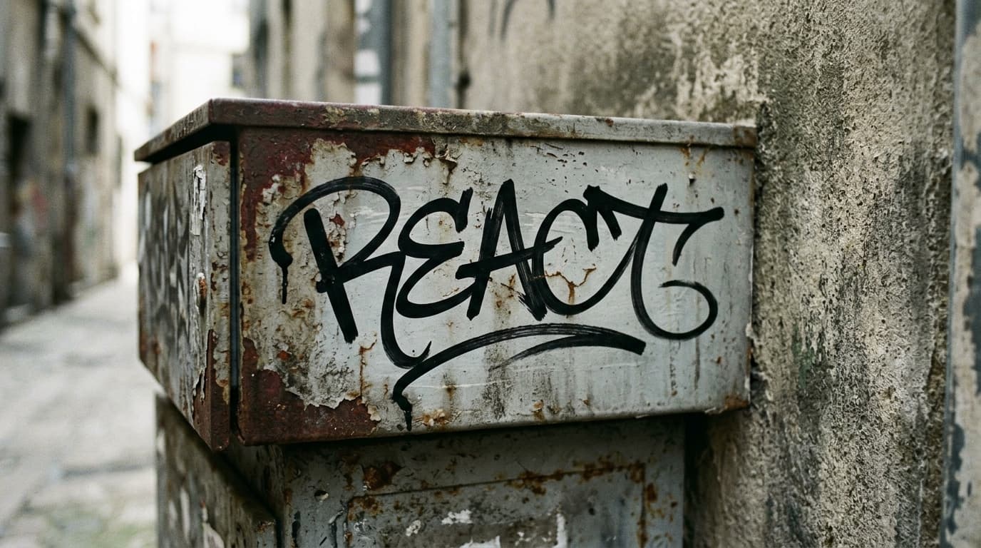 Clean handwritten REACT handstyle tag on a rusted utility box with natural line variation and steady flow