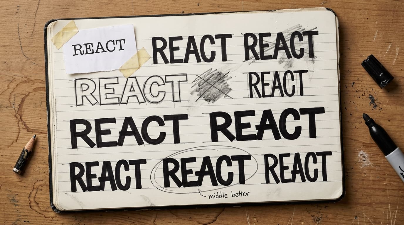 A blackbook practice page with multiple REACT redraws, a taped font reference, crossed-out attempts, and one circled version where the middle finally works better