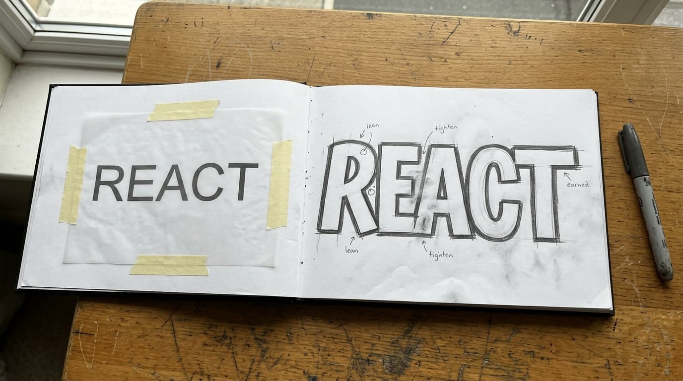 Printed REACT reference on one blackbook page and a hand-drawn redraw on the facing page with small notes about lean, spacing, and exit