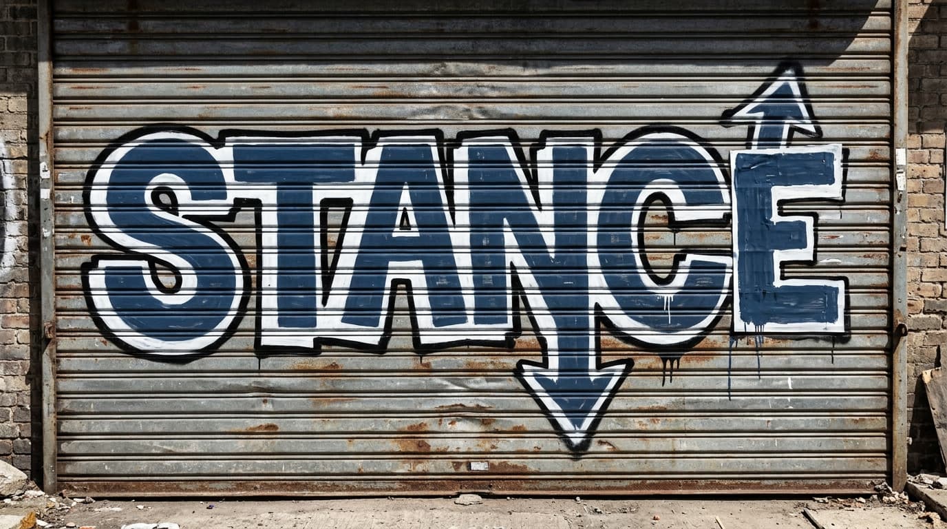Corrugated shutter piece reading STANCE where copied font structure and random arrows make the graffiti look stiff and disconnected