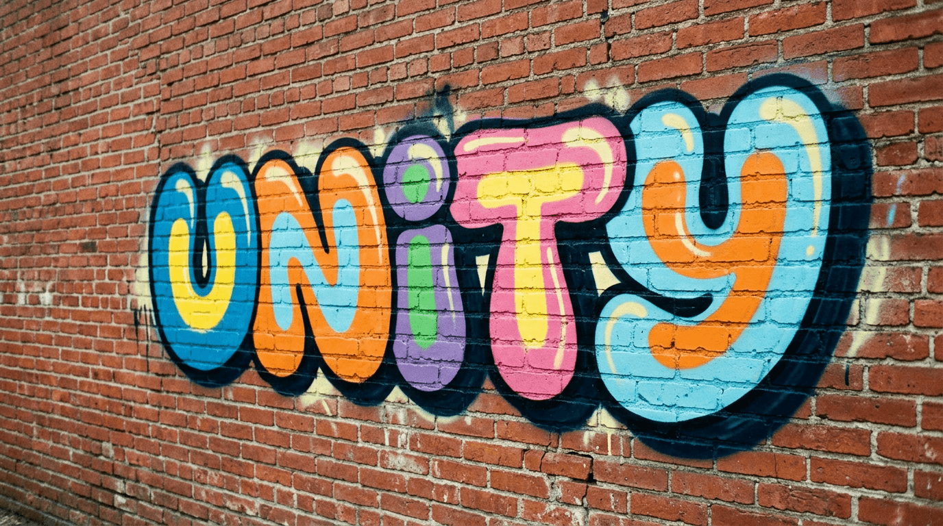 Word UNITY painted in readable bubble-letter graffiti on a realistic red brick wall with clean perspective