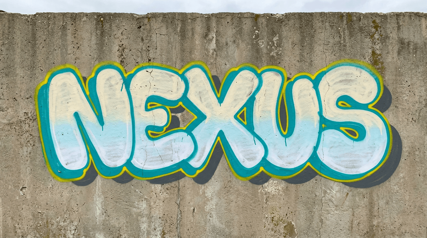 Word NEXUS in beginner bubble letters with clean structure, even stroke thickness, and restrained shadow