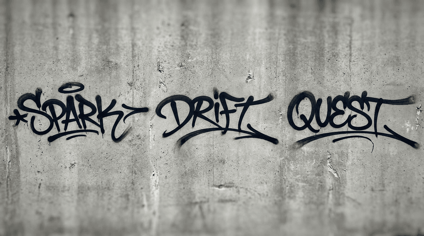 Three clean handstyle graffiti words SPARK DRIFT QUEST spaced across one wall for short-word practice