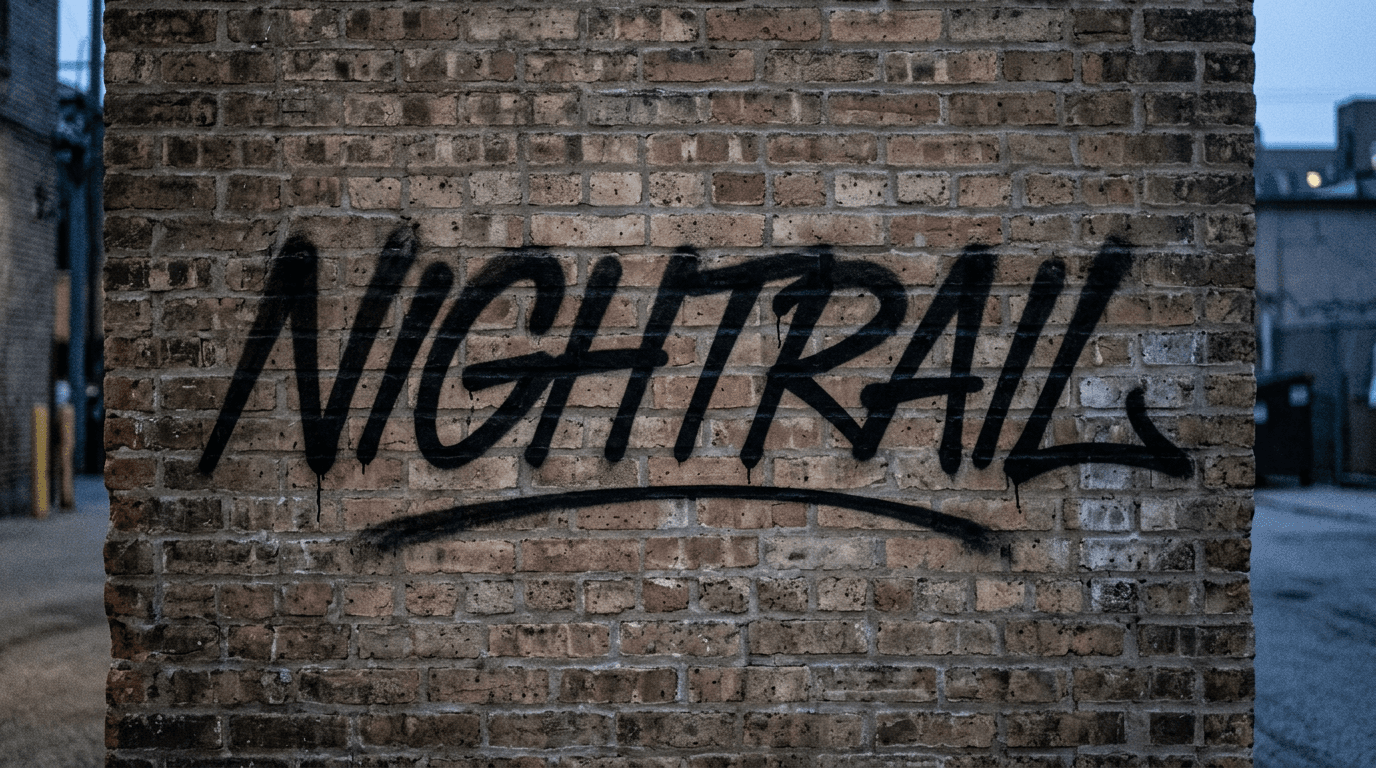 Realistic handstyle graffiti tag NIGHTRAIL on a wet alley wall with clean flow and balanced slant