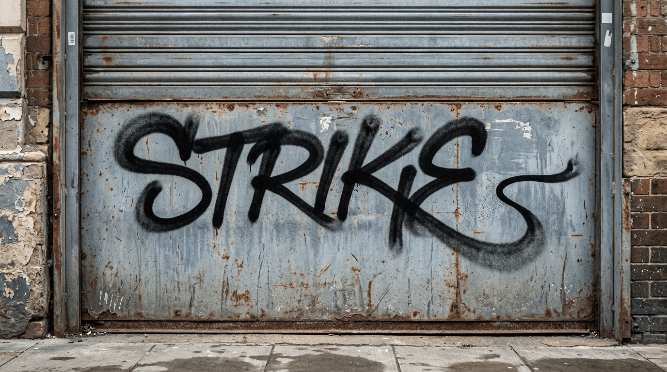 Readable handstyle graffiti tag STRIKE on a weathered shutter with consistent slant and spacing