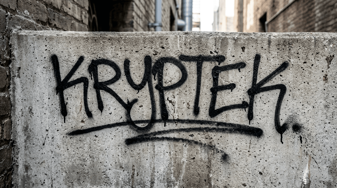 Weak beginner handstyle tag KRYPTEK with uneven baseline and inconsistent spacing