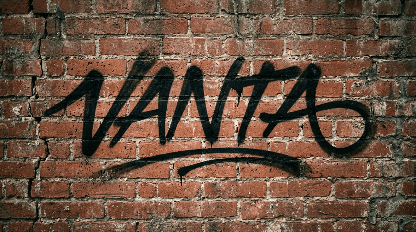Handstyle graffiti word VANTA on a brick wall with sharp opener, clean slant, and controlled underline