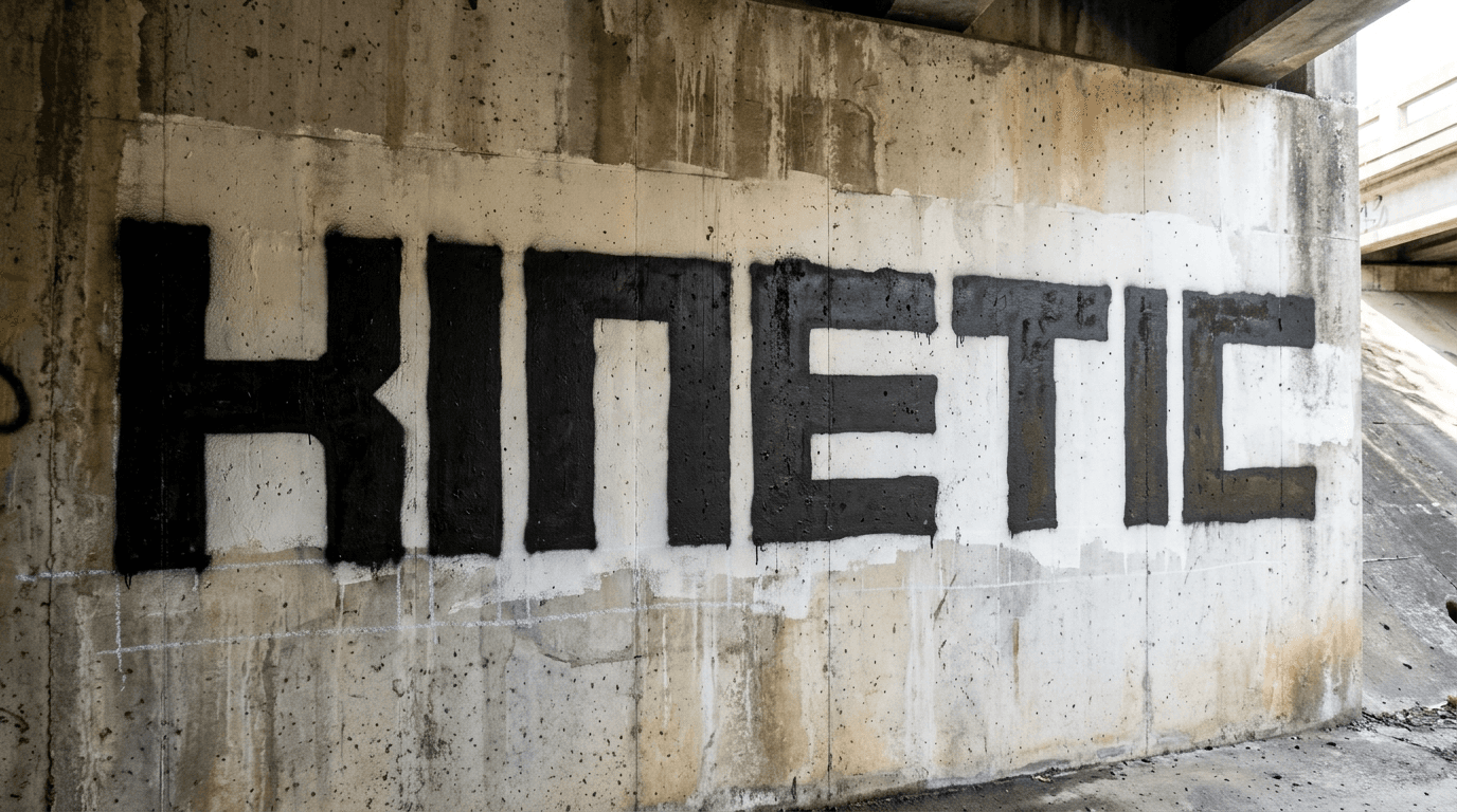 Word KINETIC painted as a realistic blockbuster graffiti piece on a weathered concrete underpass wall