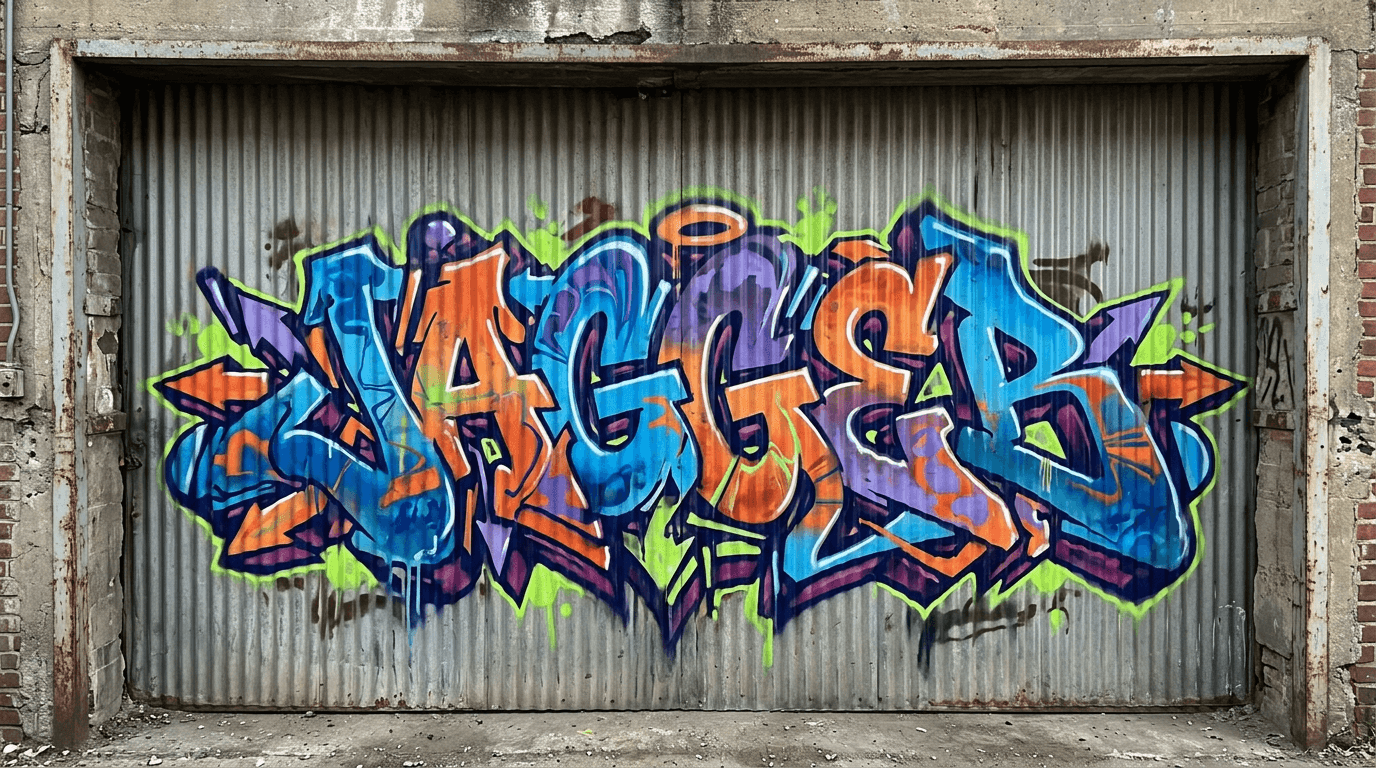 Word JAGGED pushed into premature-complexity wildstyle on a corrugated metal door before the letter structure is stable