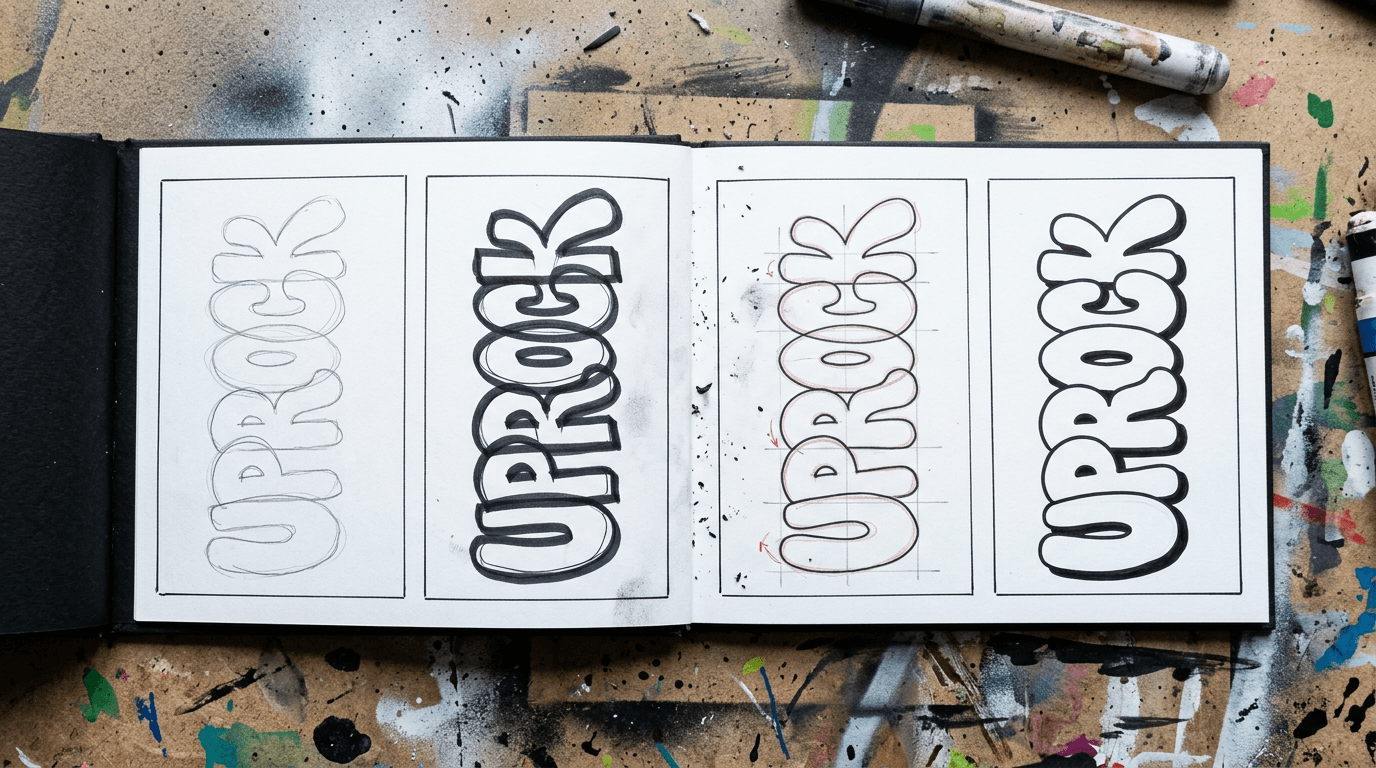 Blackbook page showing the word UPROCK through four drawing passes from skeleton to finished readable bubble letters
