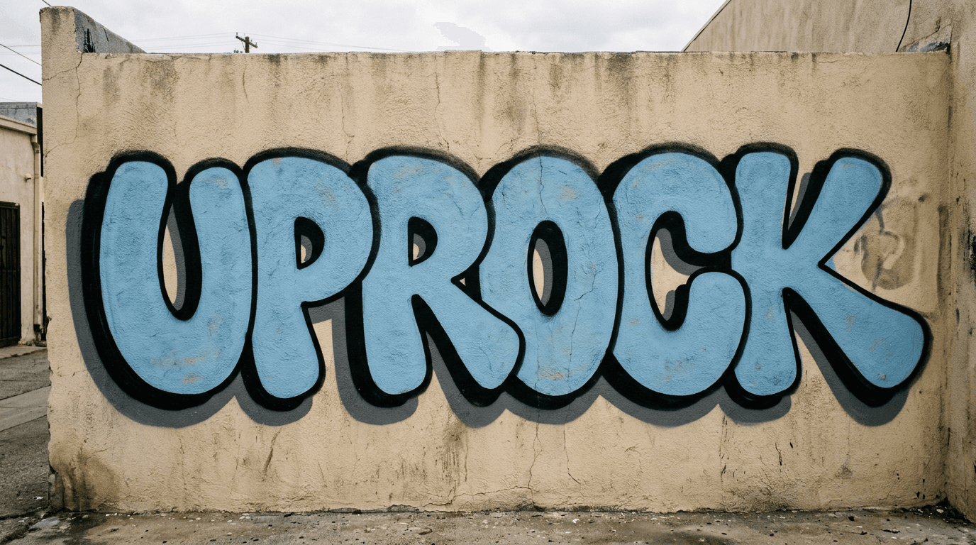 Word UPROCK painted as a realistic bubble-letter graffiti piece on a rough stucco wall with matte spray texture