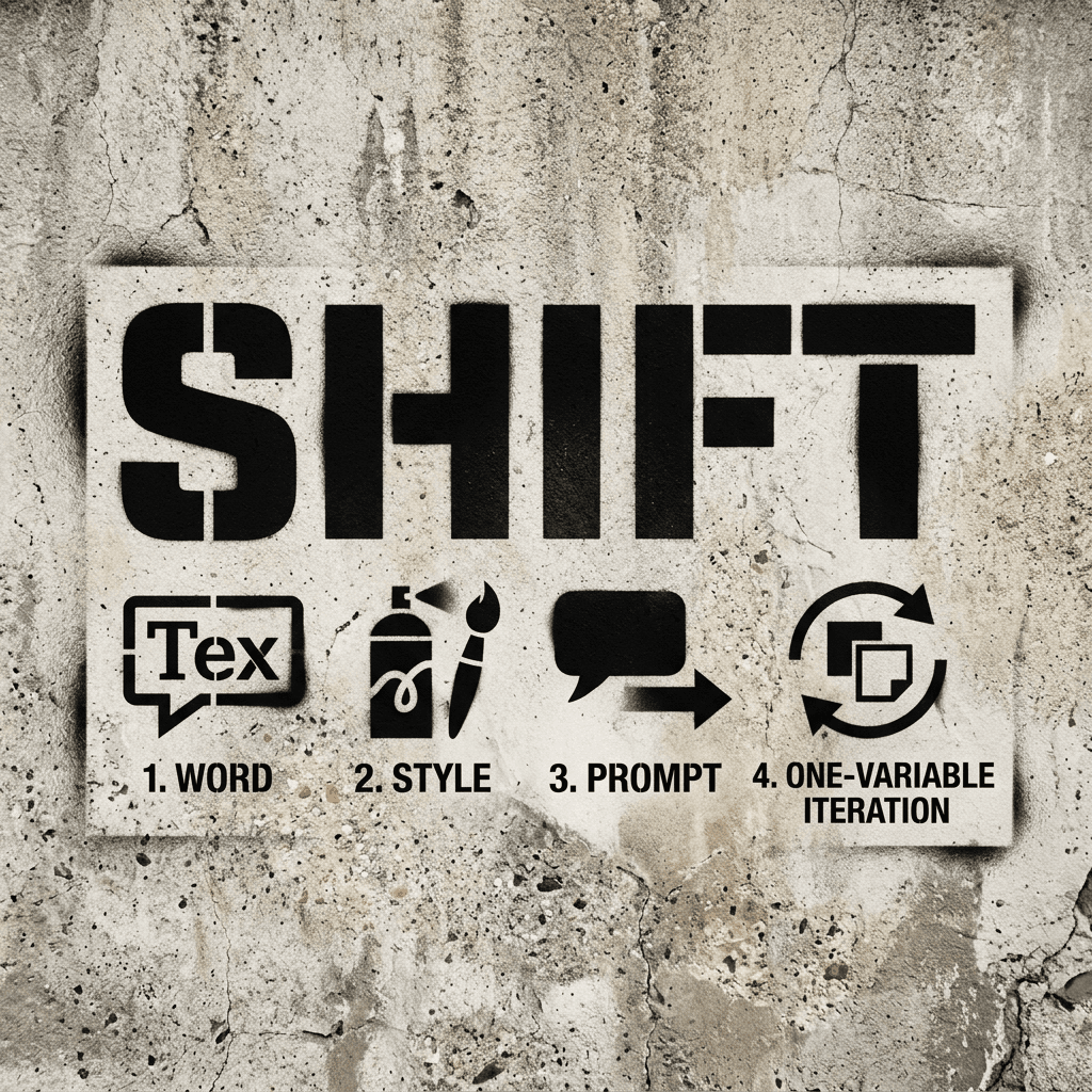 Stencil-style SHIFT workflow mural with four instructional steps for using the generator