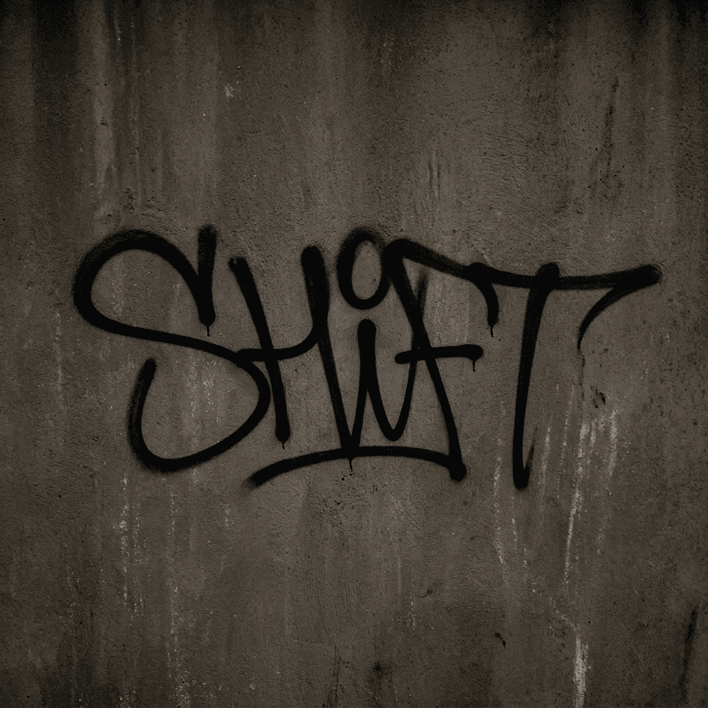 Readable SHIFT tag with clean white outline and balanced spacing on a dark wall