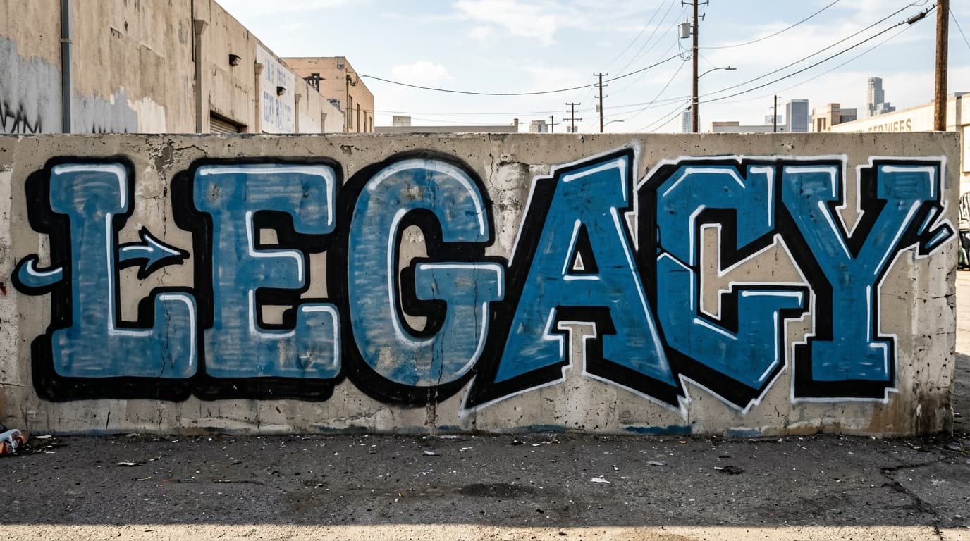 The word LEGACY painted across a realistic legal wall with fuller old-school structure on the left and sharper modern letter treatment on the right