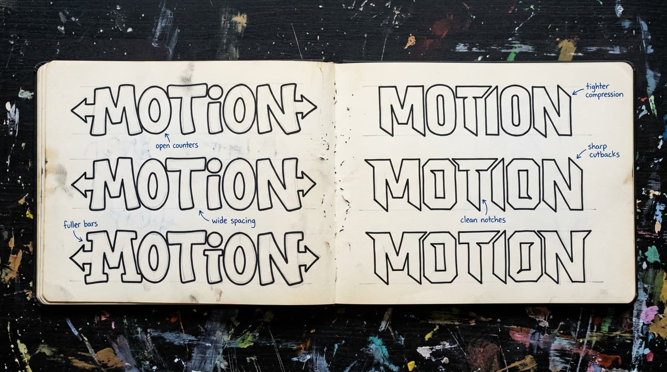 Blackbook spread comparing old-school and modern versions of the word MOTION with annotations about open counters, fuller bars, tighter compression, and cutbacks