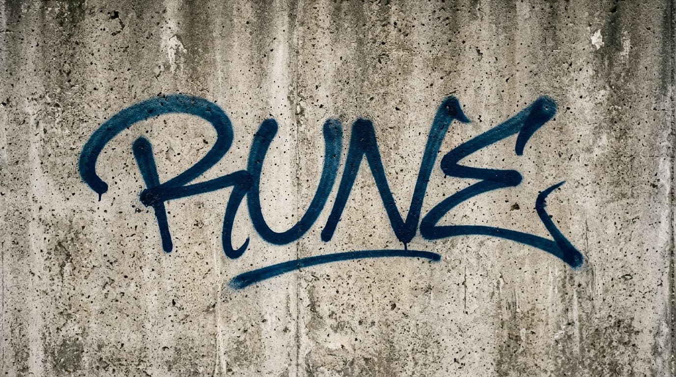 Short graffiti word RUNE painted cleanly on a weathered concrete wall with steady spacing, open middle letters, and a calm finish