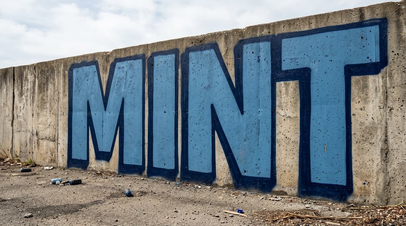 Clean straight-letter graffiti word MINT on a concrete wall with even top line, open center spacing, and a controlled final T