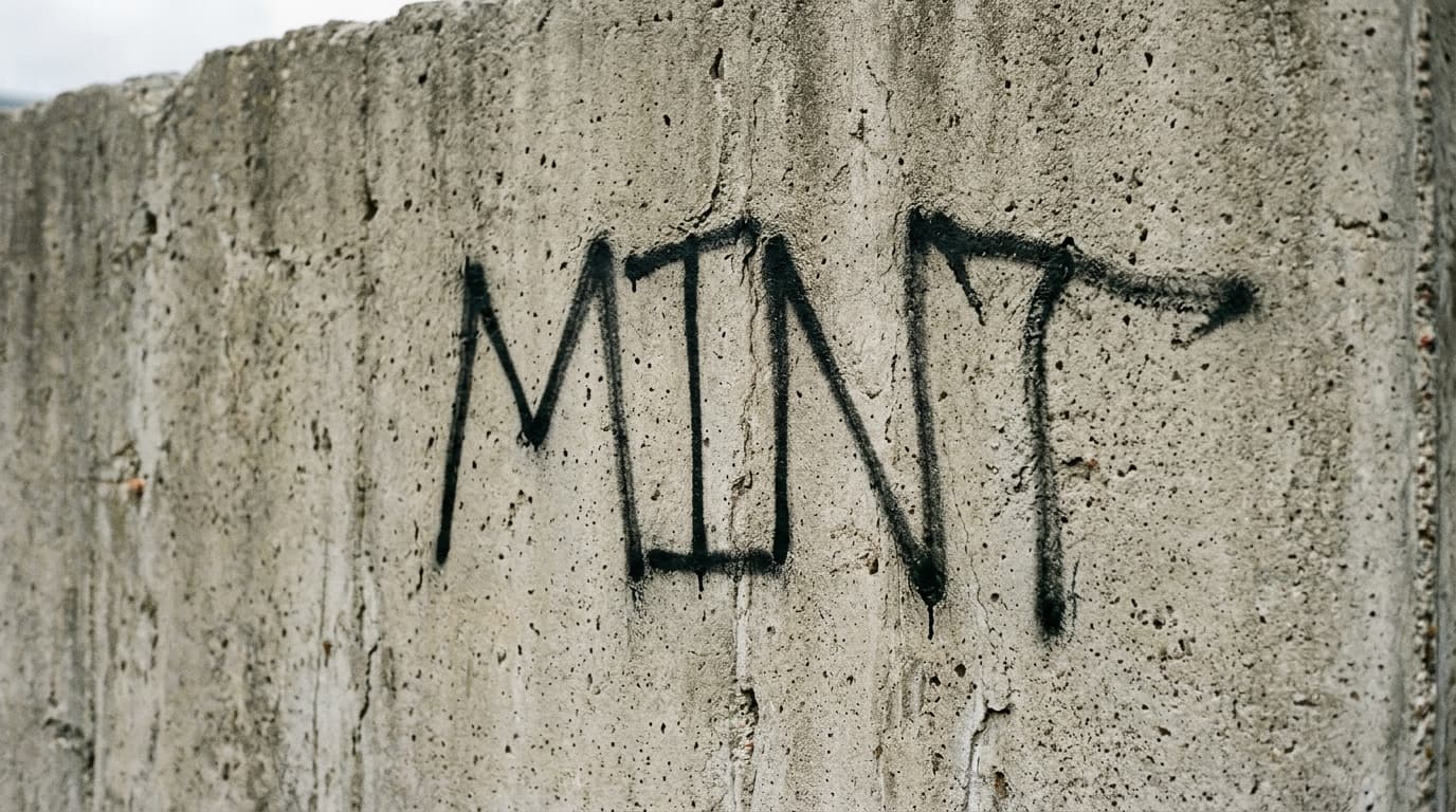 Failed beginner graffiti word MINT on a rough wall with cramped spacing, stiff middle letters, and an uneven top line