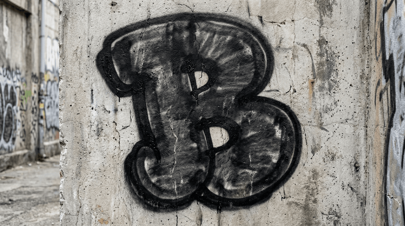 Photorealistic Throw-up graffiti letter B on a real street wall