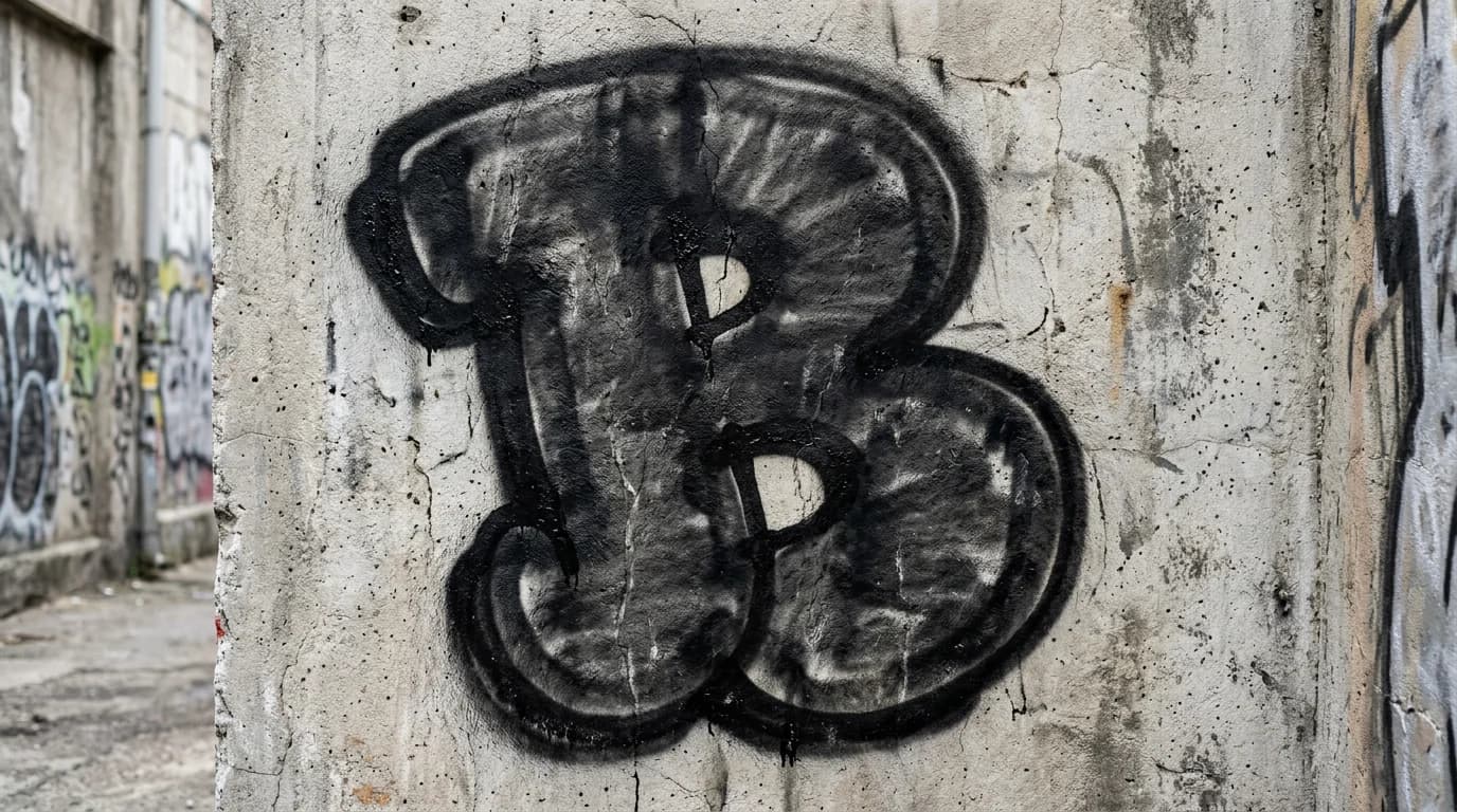 Photorealistic Throw-up graffiti letter B on a real street wall