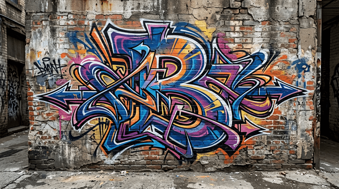 Photorealistic Wildstyle graffiti letter B on a real street wall