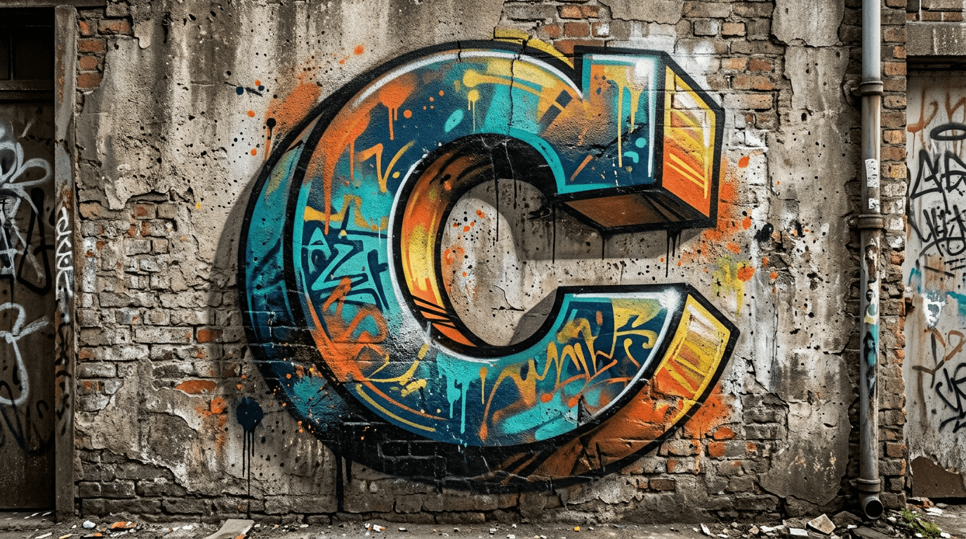 Photorealistic 3D graffiti letter C on a real street wall