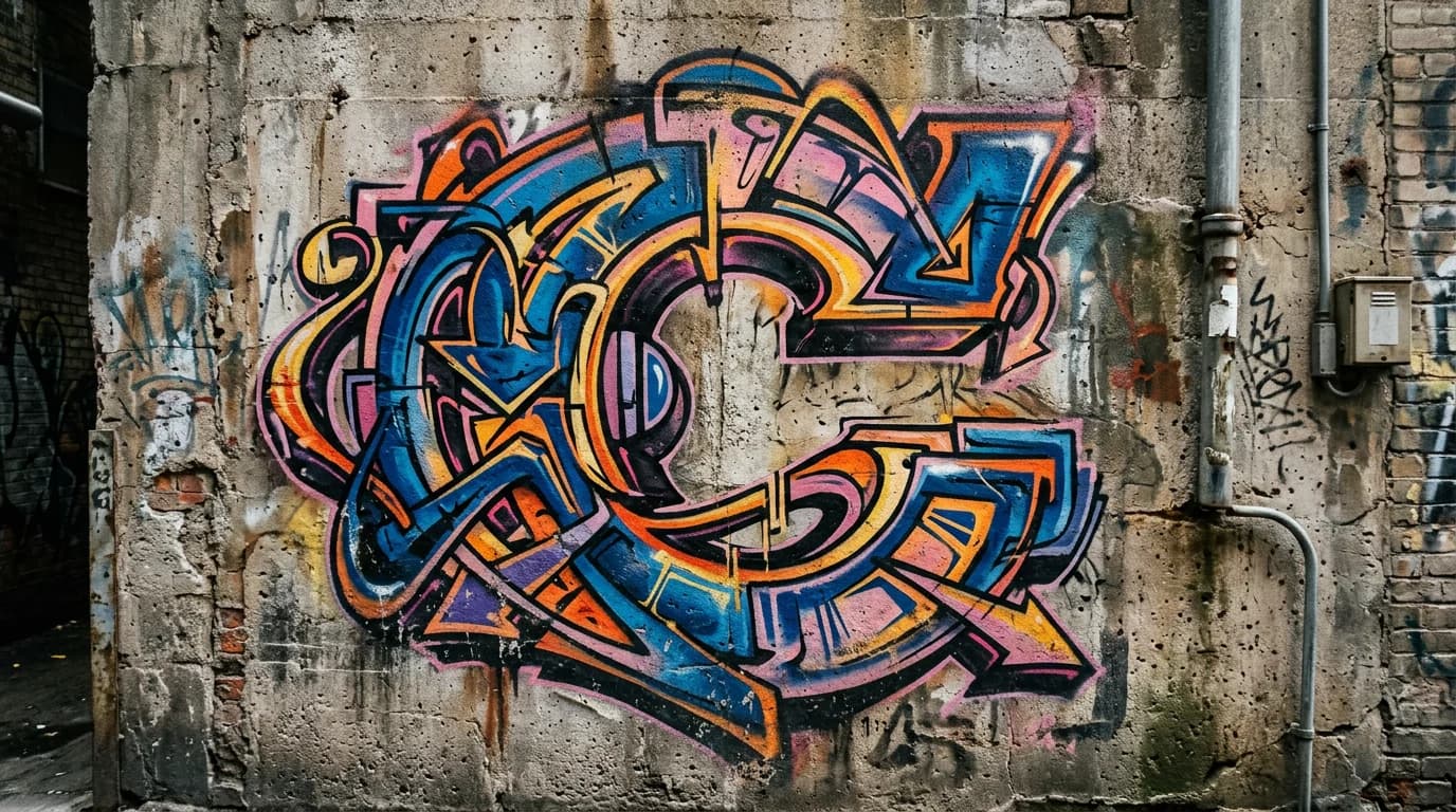 Photorealistic Wildstyle graffiti letter C on a real street wall