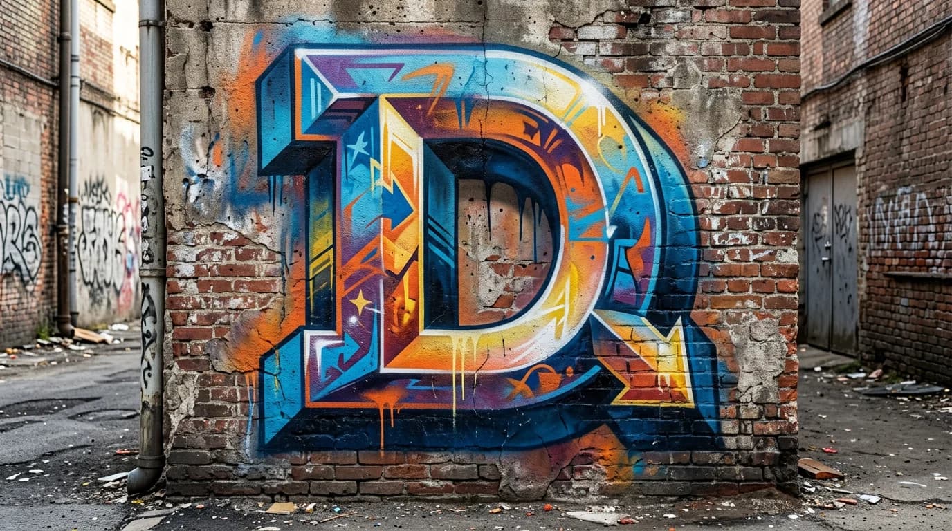 Photorealistic 3D graffiti letter D on a real street wall
