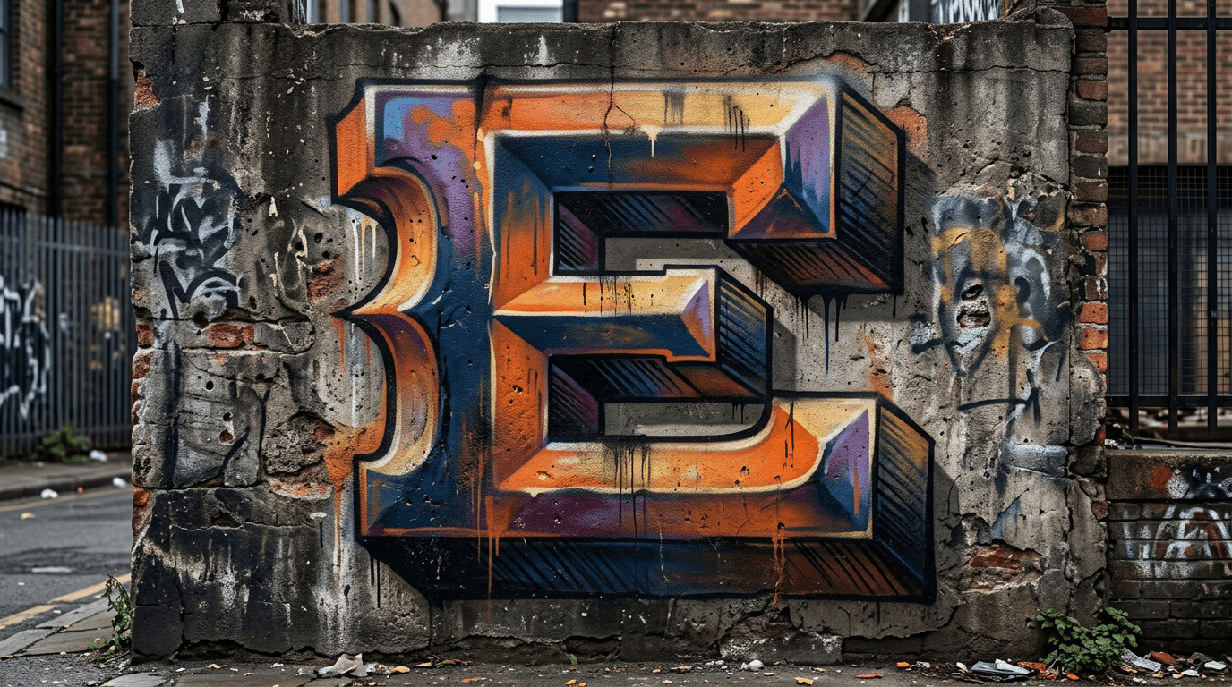 Photorealistic 3D graffiti letter E on a real street wall