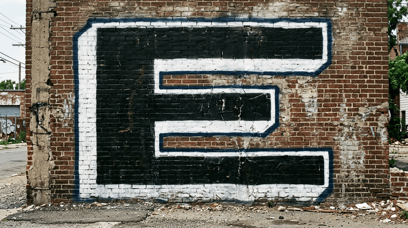 Photorealistic Blockbuster graffiti letter E on a real street wall