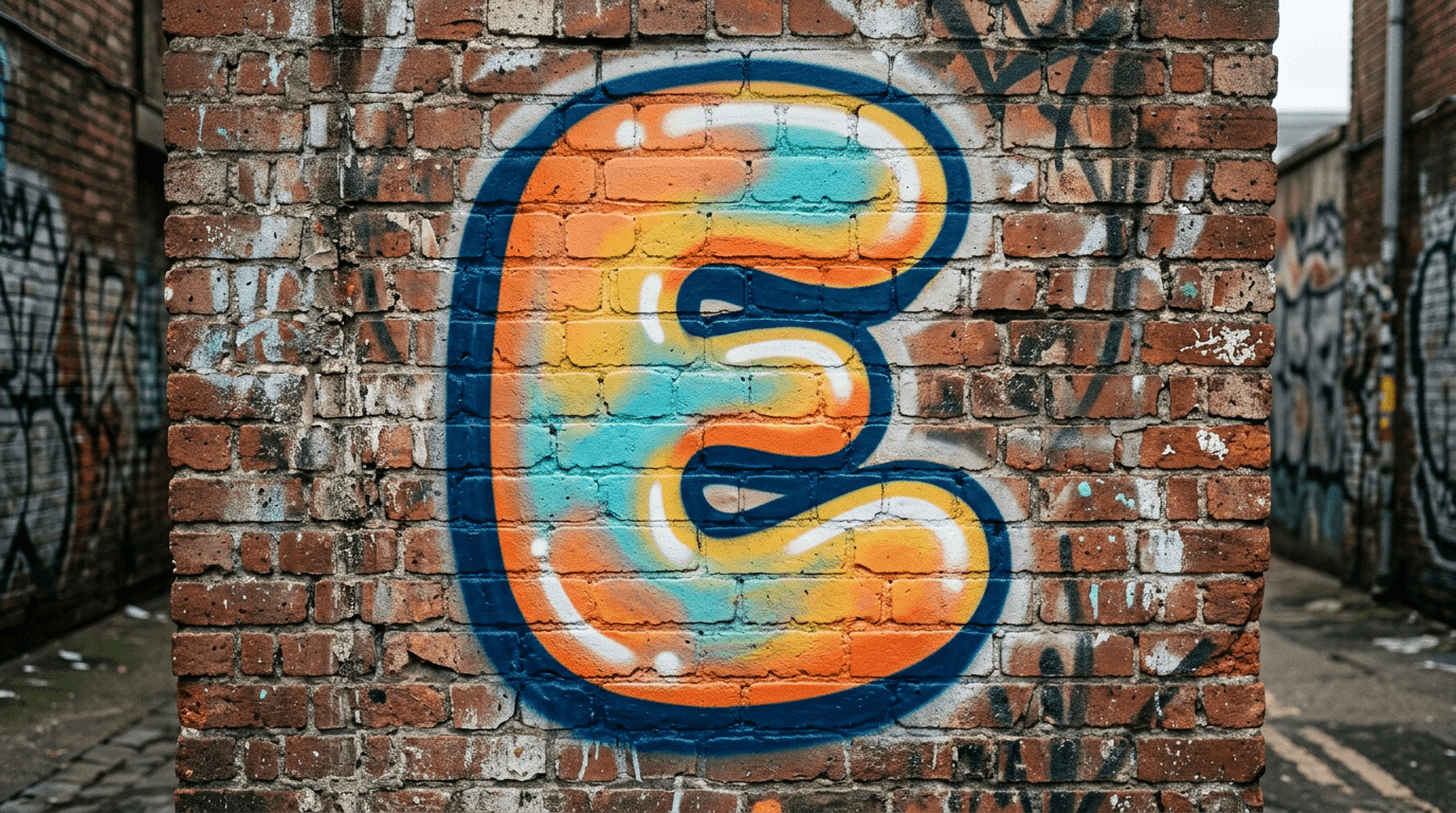 Photorealistic Bubble graffiti letter E on a real street wall