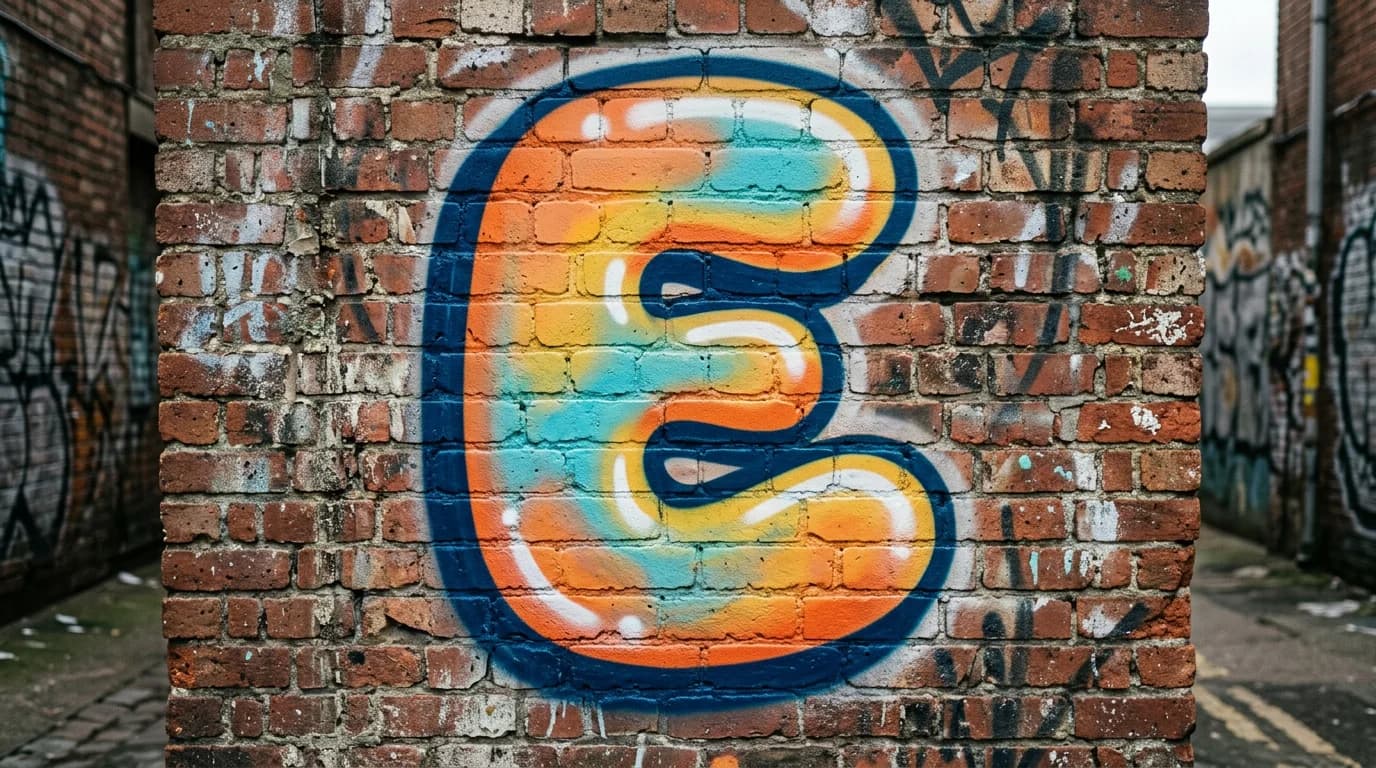 Photorealistic Bubble graffiti letter E on a real street wall