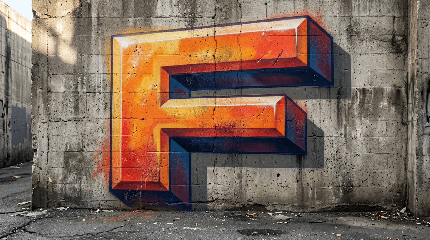Photorealistic 3D graffiti letter F on a real street wall