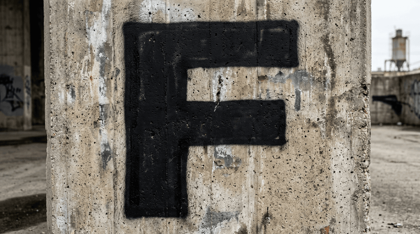 Photorealistic Blockbuster graffiti letter F on a real street wall