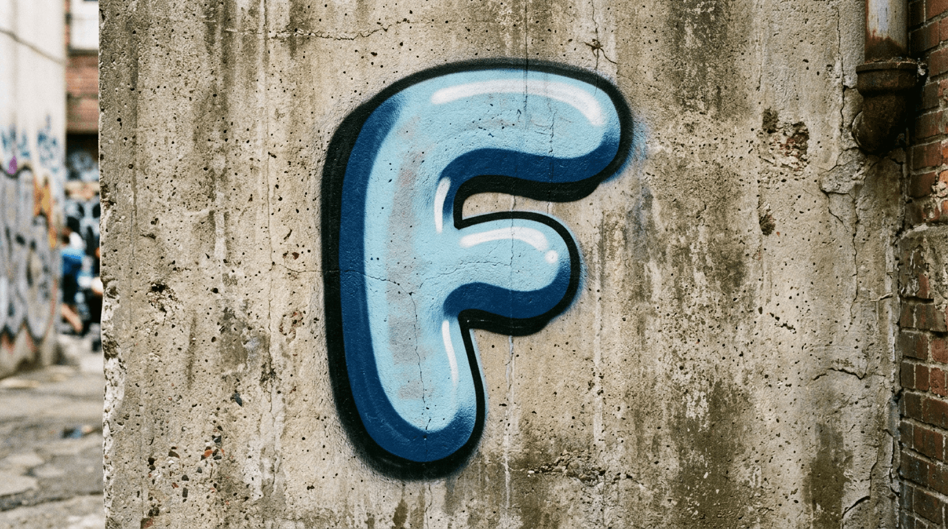 Photorealistic Bubble graffiti letter F on a real street wall