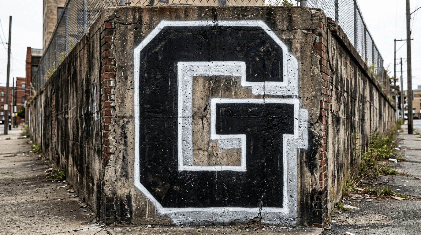 Photorealistic Blockbuster graffiti letter G on a real street wall
