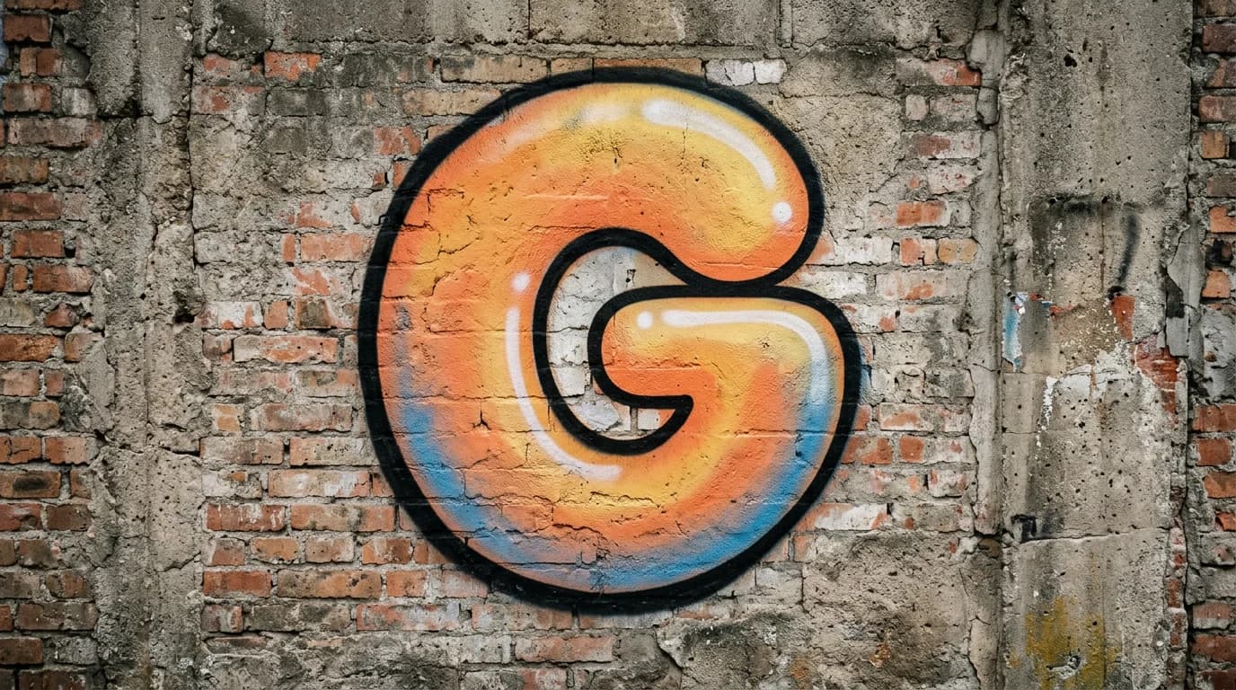 Photorealistic Bubble graffiti letter G on a real street wall