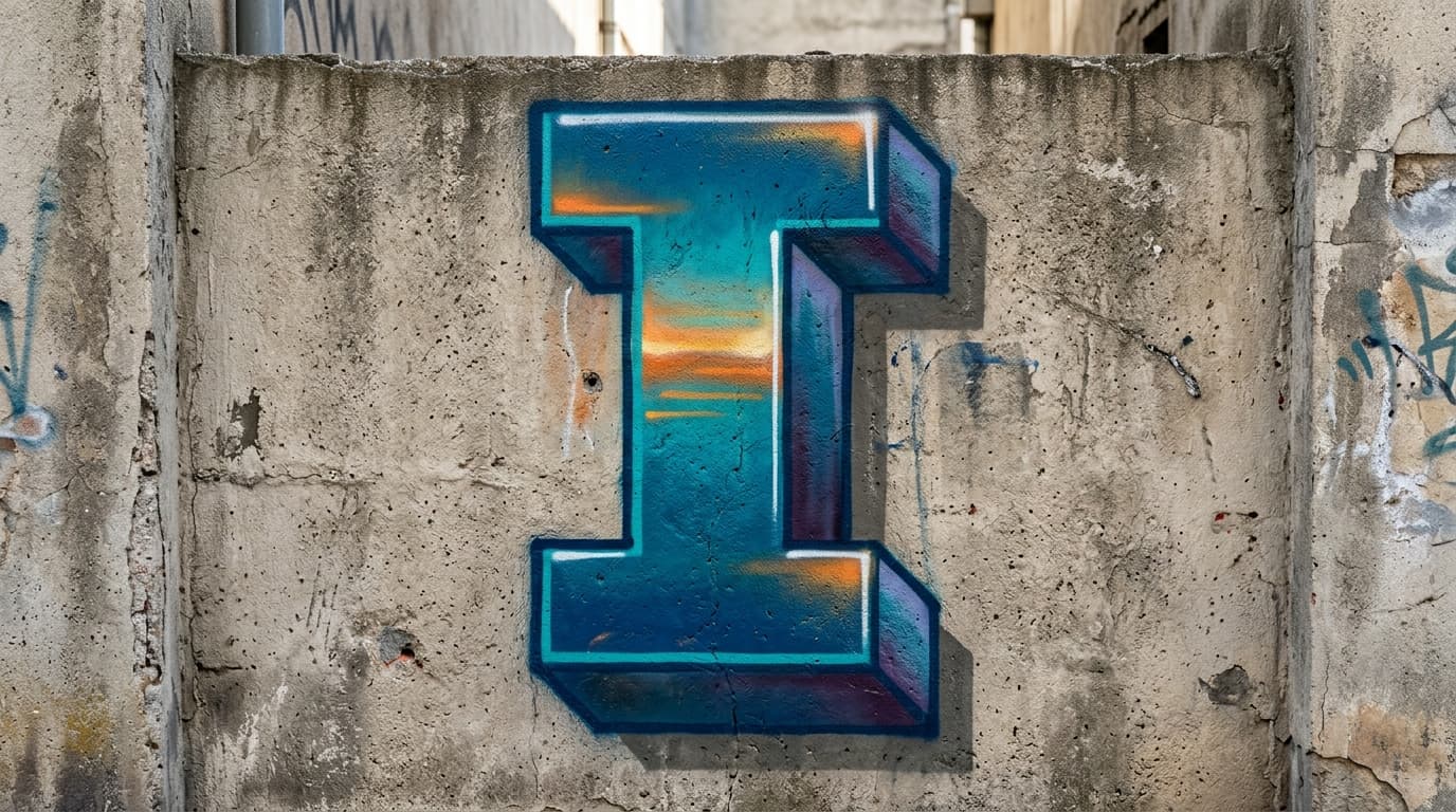 Photorealistic 3D graffiti letter I on a real street wall