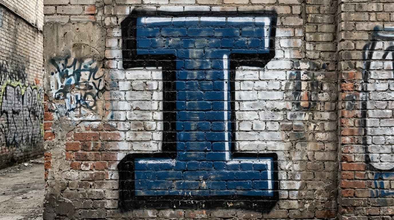 Photorealistic Blockbuster graffiti letter I on a real street wall