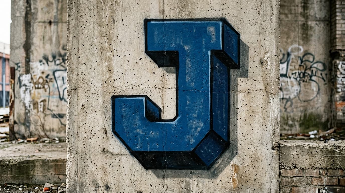 Photorealistic 3D graffiti letter J on a real street wall