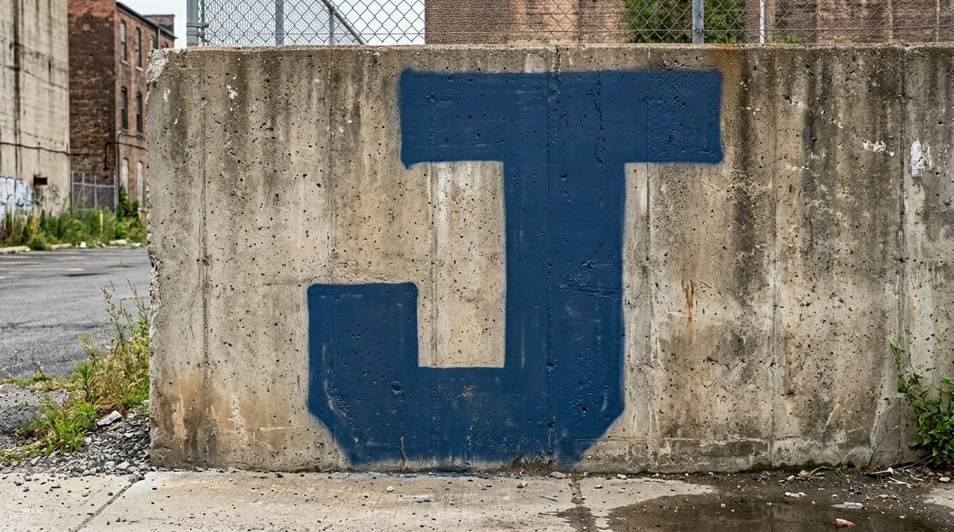 Photorealistic Blockbuster graffiti letter J on a real street wall