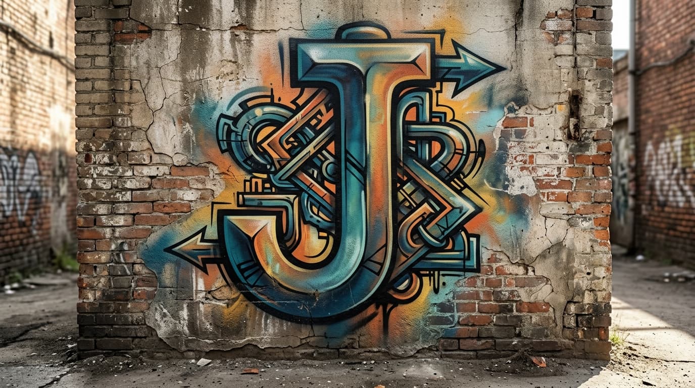 Photorealistic Wildstyle graffiti letter J on a real street wall